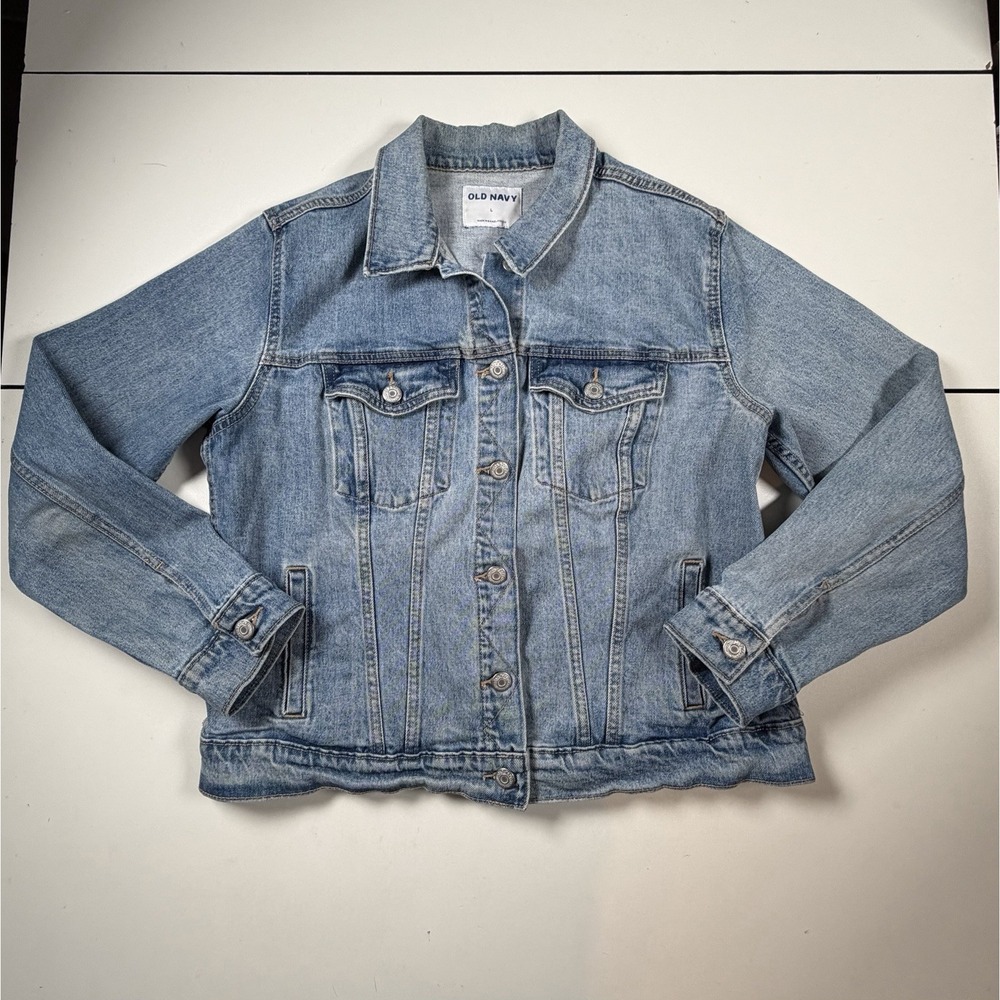 Old Navy Faded Denim Trucker Jacket Women's Large Stretch Classic Blue Jean